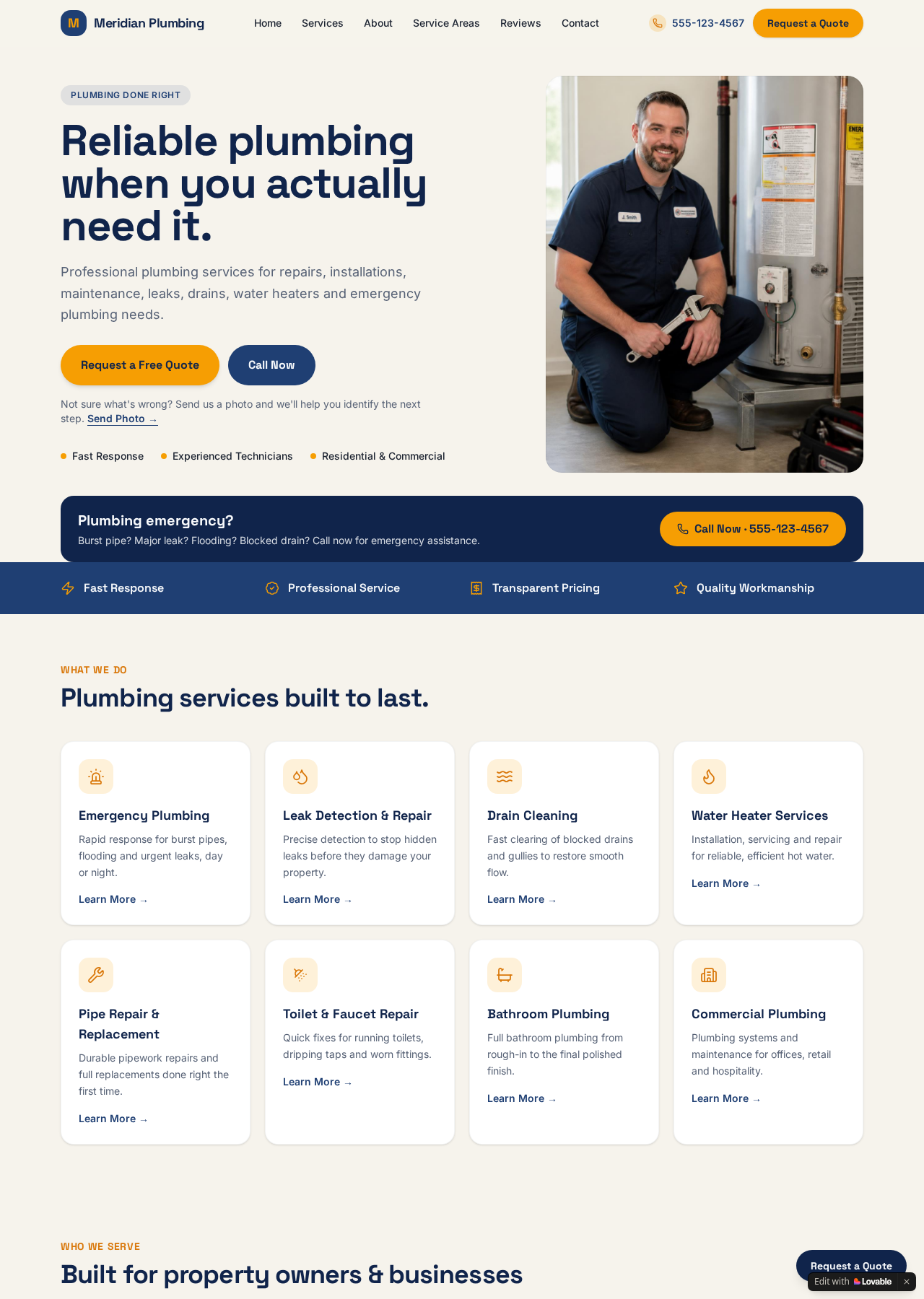 Meridian Plumbing sample website showing its services and enquiry options